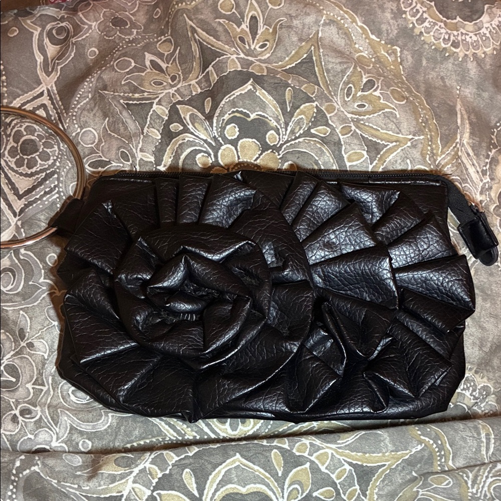 Chic Black Leather Wristlet with‎ Floral Accent